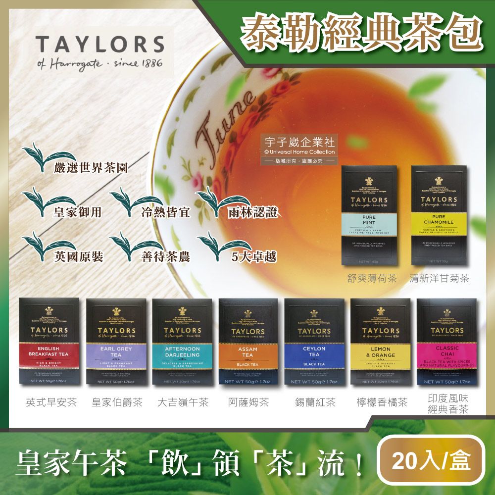 Taylors 泰勒茶 英國-特級經典茶包20入/盒(雨林聯盟及女王皇家認證,戶外露營泡茶多口味任選)