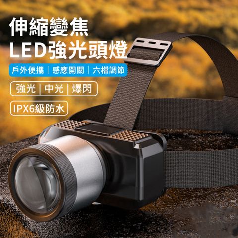 BASEE LED強光變焦頭燈 智能揮手感應登山頭燈 IPX6防水頭戴式頭燈 充電式 應急/露營頭燈 強光中光爆閃
