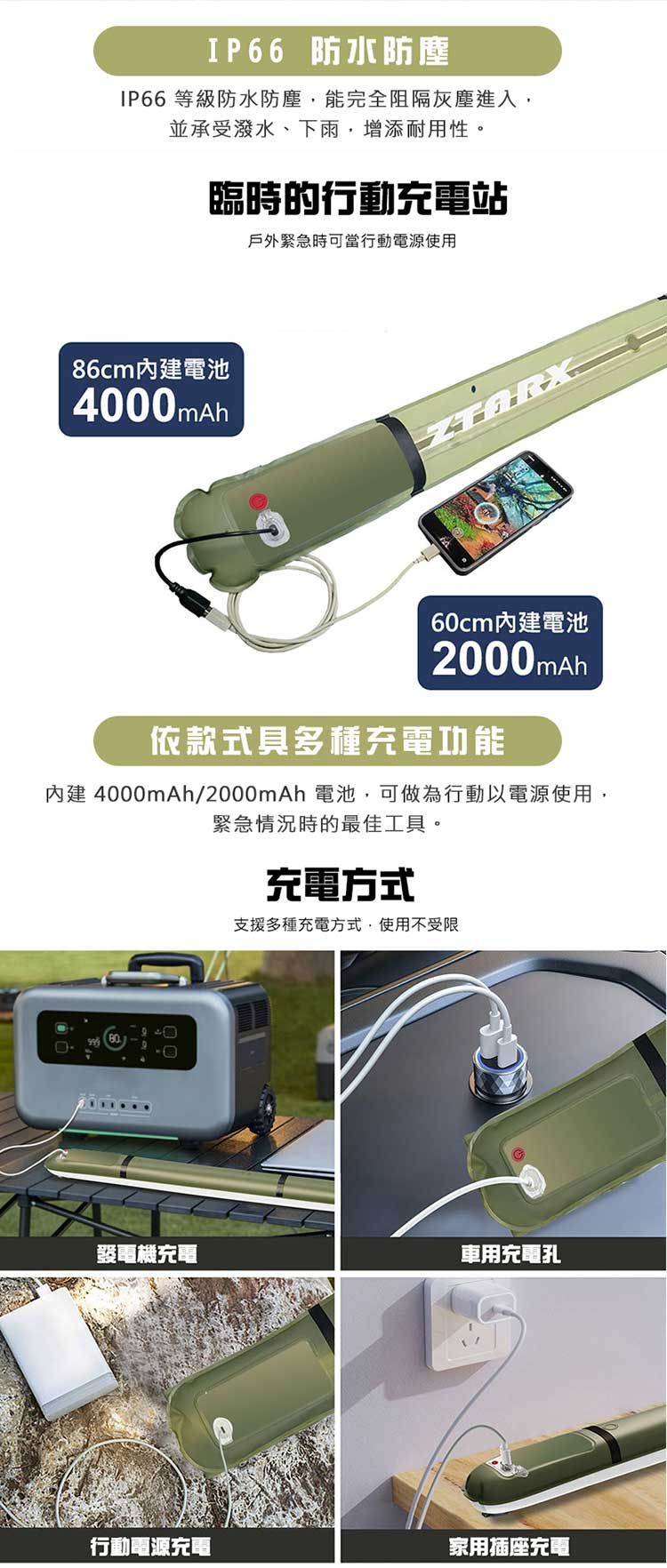 IP66 防水防塵IP66 等級防水防塵能完全阻隔灰塵進入並承受潑水、下雨,增添耐用性。臨時的行動充電站戶外緊急時可當行動電源使用86cm電池4000mAhRX60cm電池2000mAh依款式具多種充電功能內建4000mAh/2000mAh 電池,可做為行動以電源使用,緊急情況時的最佳工具。充電方式支援多種充電方式,使用不受限999發電機充電車用充電孔行動電源充電家用插座充電