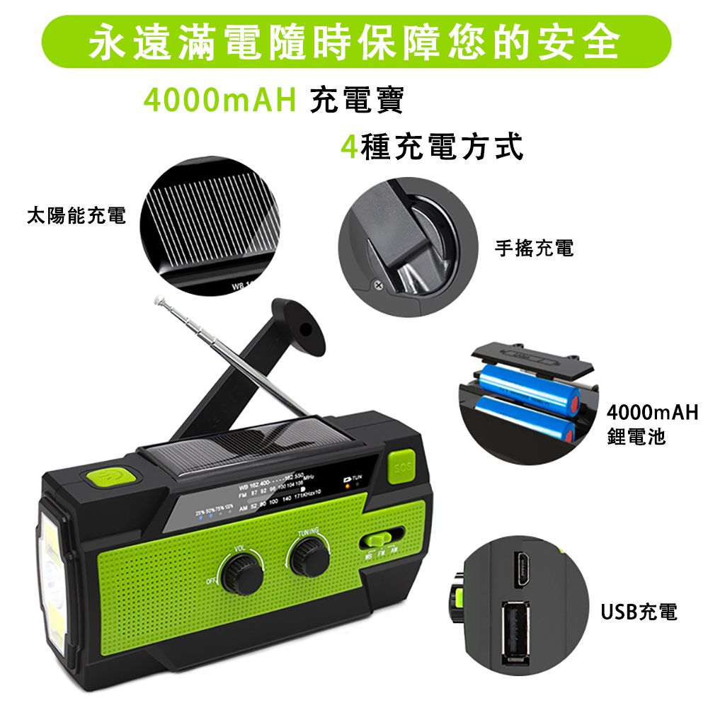 永遠滿電隨時保障您的安全4000mAH 充電寶太陽能充電          100  4種充電方式充電4000mAH鋰電池USB充電