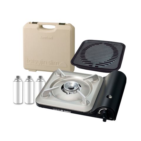 【Iwatani岩谷】slim_日本達人磁式瓦斯爐-3.3kW-黑色-搭贈手提收納箱白色&鑄鐵烤肉盤&瓦斯罐3入