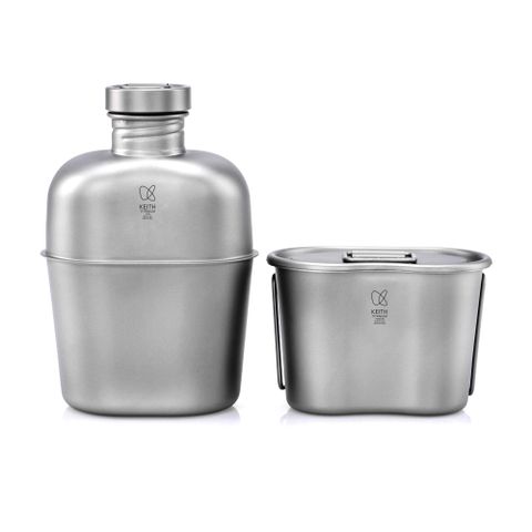 【索樂生活】鎧斯Keith Ti3060純鈦輕量環保軍用水壺附含蓋飯盒戰術壺套.野炊折疊握把手烹煮飯盒