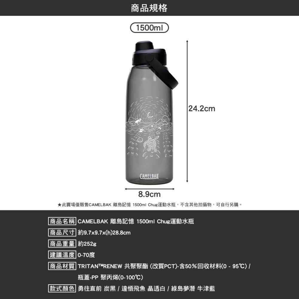 商品規格1500ml 24.2cmCAMELBAK8.9cm此賣場僅販售CAMELBAK 離島記憶 1500ml Chug運動水瓶,不含其他拍攝物,可自行另購。商品名稱 CAMELBAK 離島記憶 1500ml Chug運動水瓶 商品尺寸 約9.7x9.7x(h)28.8cm 商品重量 約252g建議溫度 0-70度商品材質 TRITANTRENEW 共聚聚酯(改質PCT)-含50%回收材料(0-95) /瓶蓋-PP聚丙烯(0-100℃)款式顏色 勇往直前 炭黑/達悟飛魚 晶透白/綠島 牛津藍