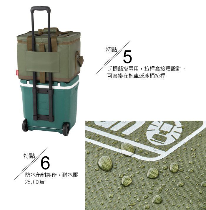 特點6防水布料製作,耐水壓25,000mm特點5手提懸掛兩用,拉桿套接環設計,可套掛在拖車或冰桶拉桿