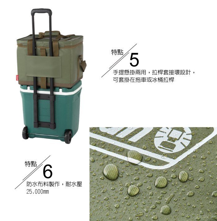 特點6防水布料製作,耐水壓25,000mm特點5手提懸掛兩用,拉桿套接環設計,可套掛在拖車或冰桶拉桿