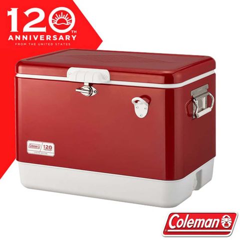 【美國 Coleman】120周年紀念款 51L STELL BELTED鋼甲冰箱.冰桶.保冷箱/CM-06401 經典紅