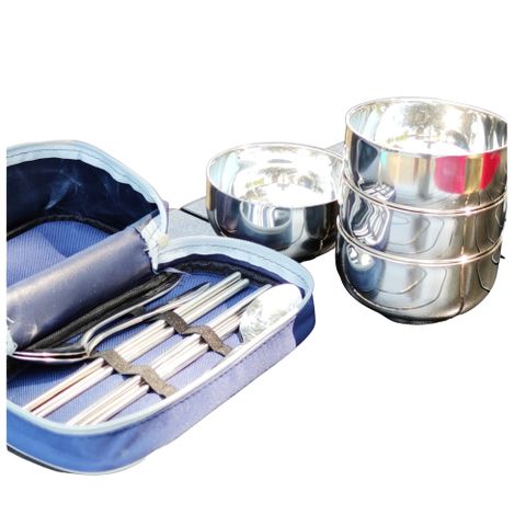 May Shop 家庭旅行露營必備雙層加厚隔熱不銹鋼一組4套餐具組【110042389】