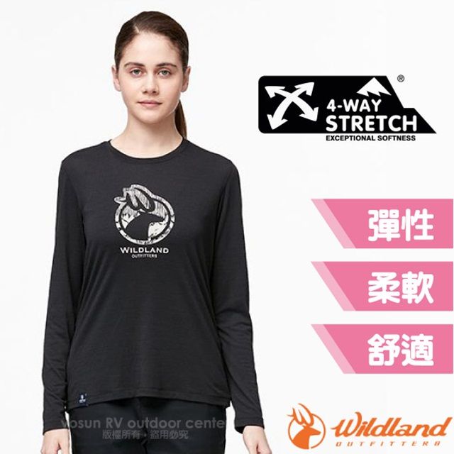 WILDLAND 荒野 女新款 彈性LOGO印花抗UV長袖上衣.圓領T恤.休閒運動排汗衣_0A91617-54 黑