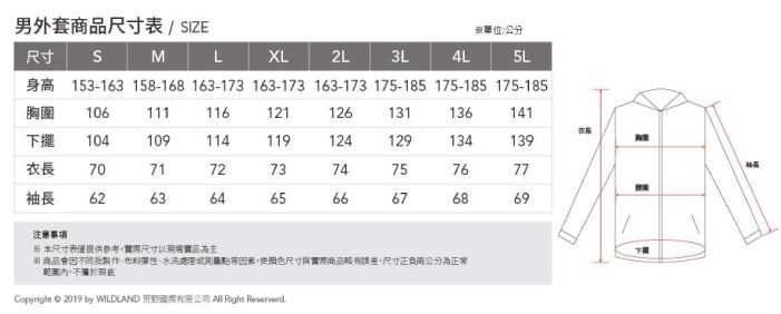 男外套尺寸表/IZE尺寸 SMLXL2L3L4L公分5L153-163 158-168 163-173 163-173 163-173 175-185 175-185 175-185胸圍106111116121126131136141長下擺104109114119124129134139衣長7071727374757677 6263646566676869注意事項本尺寸表僅提供參考實際尺寸以現場實品商商品會因同、水洗點等因素顏色尺寸與實際商品尺寸正負兩公分為正常範圍,不Copyright   by WILDLAND 荒野有限公司  Right Reserverd袖長