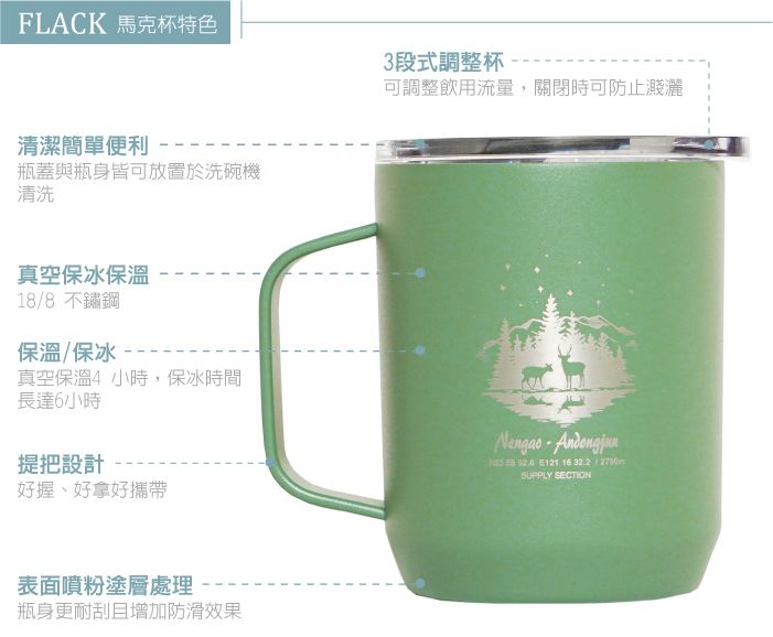 FLACK 馬克杯特色清潔簡單便利瓶蓋與瓶身皆可放置於洗碗機清洗真空保冰保溫188 不鏽鋼保溫/保冰真空保溫 小時,保冰時間長達6小時提把設計好握、好拿好攜帶表面噴粉塗層處理瓶身更耐刮且增加防滑效果3段式調整杯可調整飲用流量,關閉時可防止濺灑Nengao    121 16 /SUPPLY SECTION