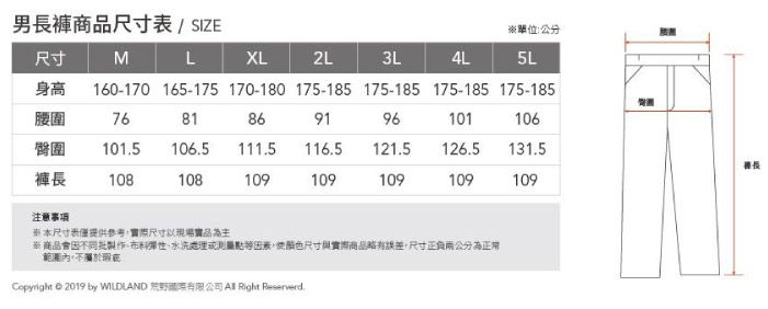 男長褲商品尺寸表/ SIZE單位公分尺寸MLXL2L3L4L身高 160-170 165-175 170-180 175-185 175-185 175-185 175-185腰圍7681869196101106 1015106.5111.5116.5121.5126.5131.5褲長108108109109109109109注意事項本尺寸表僅提供實際尺寸以現場實品為主※ 商品會因不同批製作布料彈性、水洗處理點等因素,尺寸與實際商品,尺寸正負兩公分為正常範圍,不Copyright  2019 by WILDLAND 有限公司  Right Reserverd.