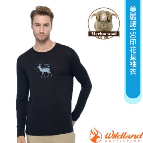 WILDLAND 荒野 男 100%美麗諾150印花長袖衣.抗菌抗臭.四面彈性/0B02602-54 黑