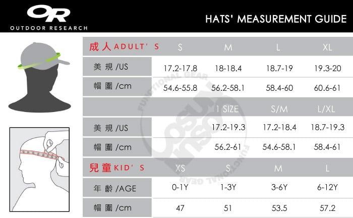 OROUTDOOR REEARCHHAT MEASUREMENT GUIDEADULT S美規US帽圍 SMXL8-18.418.7-1919.3-2054.6-55.856.2-58.158.4-6060.6-611 SIZES/ML/XL美規/US17.2-19.317.2-18.418.7-19.3帽圍 /56.2-6154.6-58.1 58.4-61兒童KID' SXSM年齡 /AGE0-1 Y1-3Y3-6Y6-12Y帽圍 /475153.557.2