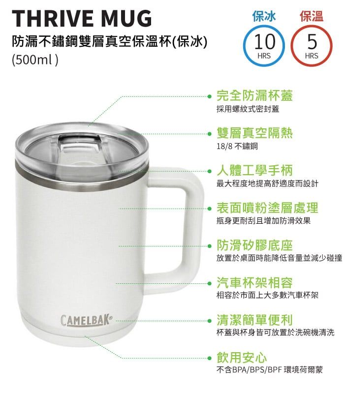 THRIVE MUG防漏不鏽鋼雙層真空保溫杯(保冰)(500ml)保冰保溫105HRSHRSCAMELBAK完全防漏杯蓋採用螺紋式密封蓋雙層真空隔熱18/8不鏽鋼人體工學手柄最大程度地提高舒適度而設計表面噴粉塗層處理瓶身更耐刮且增加防滑效果防滑矽膠底座放置於桌面時能降低音量並減少碰撞汽車杯架相容相容於市面上大多數汽車杯架清潔簡單便利杯蓋與杯身皆可放置於洗碗機清洗飲用安心不含BPA/BPS/BPF環境荷爾蒙