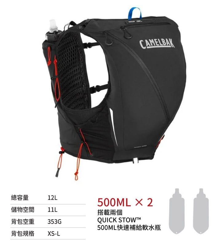 總容量12L儲物空間 11L背包空重353G背包規格XS-LCAMELBAK500MLX2搭載兩個QUICK STOW500ML快速補給軟水瓶