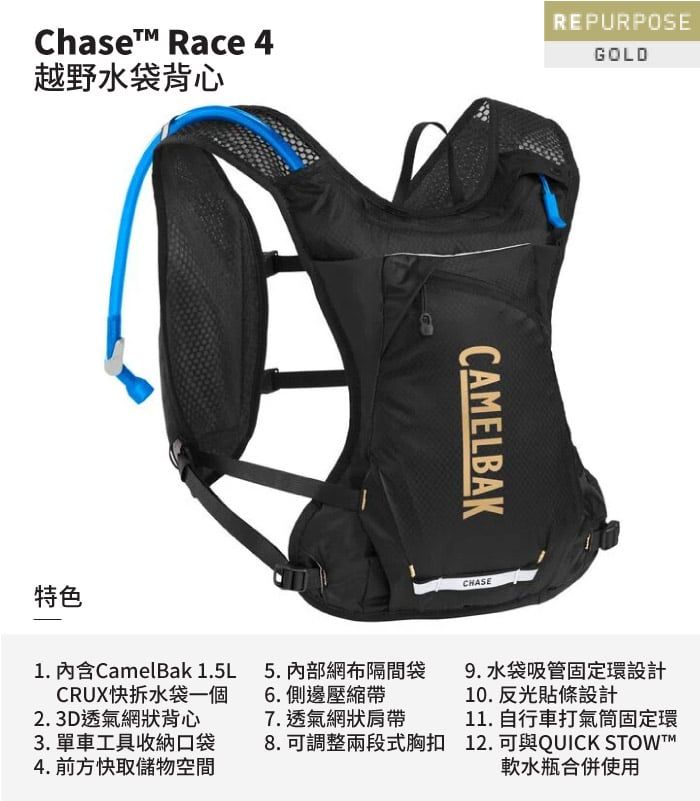 Chaset™ Race 4越野水袋背心REPURPOSEGOLD特色CAMELBAKCHASE1. 內含CamelBak 1.5LCRUX快拆水袋一個2. 3D透氣網狀背心3. 單車工具收納口袋4. 前方快取儲物空間5.內部網布隔間袋6. 側邊壓縮帶7.透氣網狀肩帶8.可調整兩段式胸扣9. 水袋吸管固定環設計10.反光貼條設計11.自行車打氣筒固定環12.可與QUICK STOWTM軟水瓶合併使用