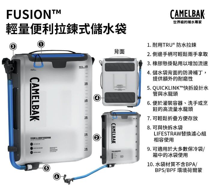 CAMELBAK世界級的補水專家. 耐用TRU® 防水拉鍊背面2. 側邊手柄可輕鬆兩手拿取3. 橡膠懸掛點用以增加流速輕量便利拉鍊式儲水袋1CAMELBAKFUSION  GROUP ⑥22CAMELBAK4. 儲水袋背面的防滑補丁,提供額外的耐磨性5. QUICKLINK™快拆設計水管與水龍頭6.便於灌裝容器、洗手或烹的高流量水龍頭7. 可輕鬆折疊方便存放8. 可與快拆水袋LIFESTRAW替換濾心組相容使用9. 可適用於大多數保冷袋/箱中的冰袋使用10. 水袋材質不含BPA/BPS/BPF環境荷爾蒙