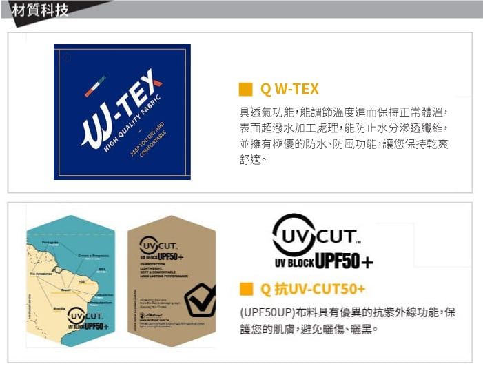 材質科技W-TEXHIGH QUALITY FABRICKEEP YOU DRY ANDCOMFORTABLE CUT+QW-TEX具透氣功能,能調節溫度進而保持正常體溫,表面超潑水加工處理,能防止水分滲透纖維,並擁有極優的防水、防風功能,讓您保持乾爽舒適。 CUTUV BLOCK UPF50+Q抗UV-CUT50+(UPF50UP)布料具有優異的抗紫外線功能,保護您的肌膚,避免曬傷、曬黑。