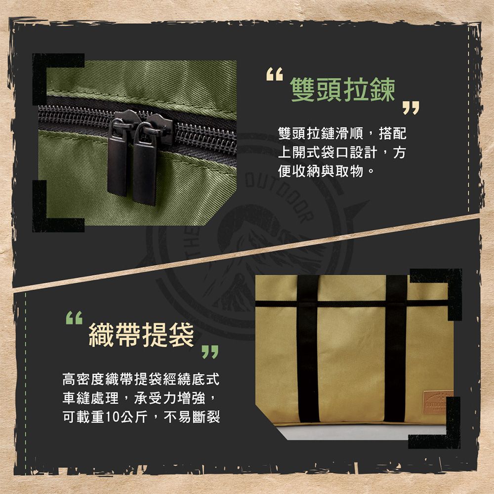 雙頭拉鍊雙頭拉鏈滑順,搭配上開式袋口設計,方便收納與取物。織帶提袋高密度織帶提袋經繞底式車縫處理,承受力增強,可載重10公斤,不易斷裂