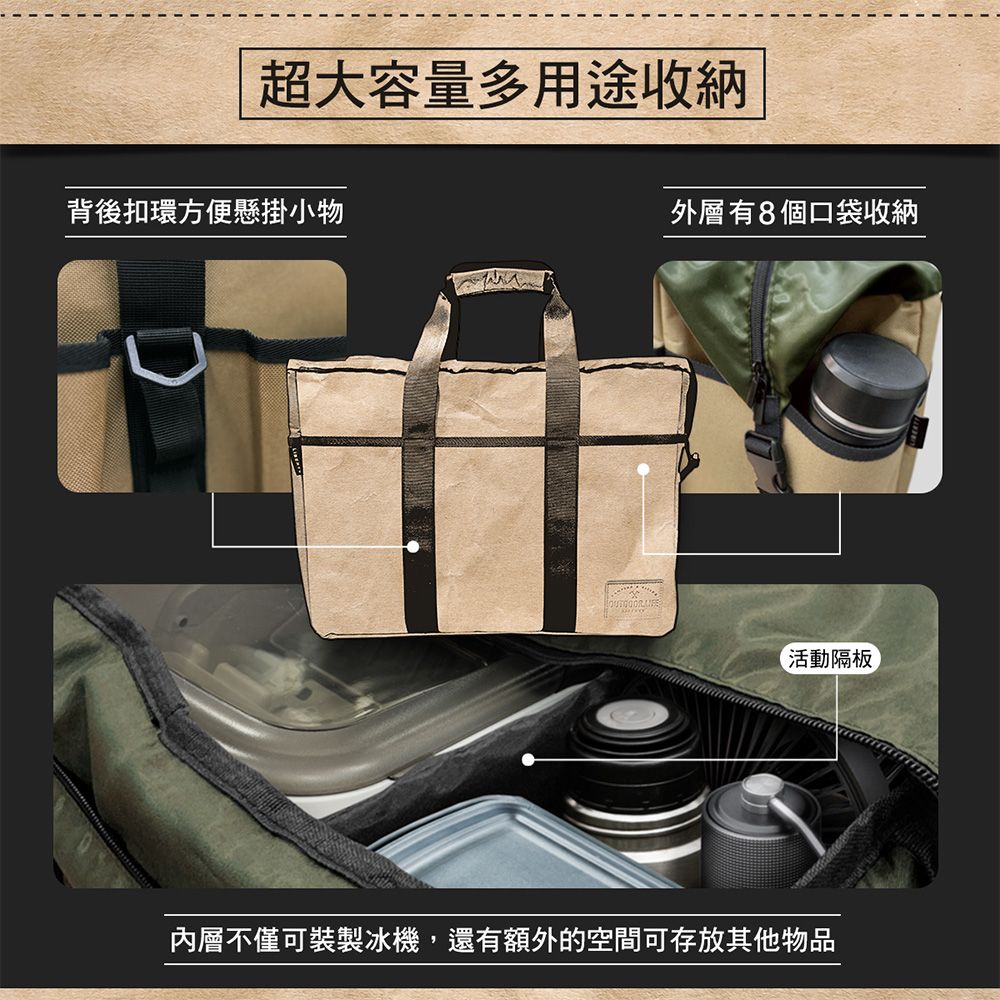 超大容量多用途收納背後扣環方便懸掛小物外層有8個口袋收納活動隔板內層不僅可裝製冰機,還有額外的空間可存放其他物品