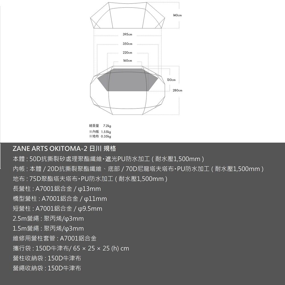 總重量 7.2kg※內帳 1.55kg※地布 0.35kg395cm350cm220cm160cm140cm130cm280cmZANE ARTS OKITOMA-2日川 規格本體:50D抗撕裂處理聚酯纖維遮光PU防水加工(耐水壓1,500mm)內帳: 本體  20D抗撕裂聚酯纖維、底部/70D尼龍塔夫塔布PU防水加工(耐水壓1,500mm)地布:75D聚酯塔夫塔布·PU防水加工(耐水壓1,500mm)長營柱:A7001鋁合金/橋型營柱:A7001鋁合金/短營柱:A7001鋁合金/p9.5mm2.5m營繩:聚丙烯/1.5m營繩:聚丙烯/維修用營柱套管:A7001鋁合金攜行袋:150D牛津布/65x25x25 (h) cm營柱收納袋:150D牛津布營繩收納袋:150D牛津布