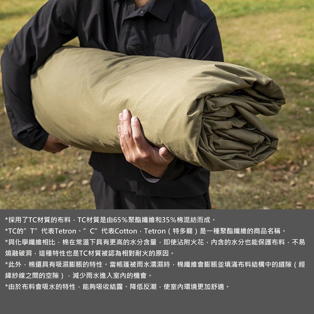 *採用了材質的布料TC材質是由65%聚酯纖維和35%棉混紡而成。*TC的T代表TetronC代表CottonTetron(特多龍)是一種聚酯纖維的商品名稱。*與化學纖維相比棉在常溫下具有更高的水分含量,即使沾附火花,内含的水分也能保護布料,不易燒融破洞,這種特性也是TC材質被認為相對耐火的原因。*此外,棉還具有吸濕膨脹的特性。當帳篷被雨水濡濕時,棉纖維會膨脹並填滿布料結構中的縫隙(經緯紗線之間的空隙),減少雨水進入室內的機會。*由於布料會吸水的特性,能夠吸收結露、降低反潮,使室內環境更加舒適。