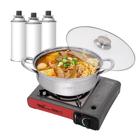 妙管家 卡式爐K080+不鏽鋼火鍋28cm+通用瓦斯罐3入