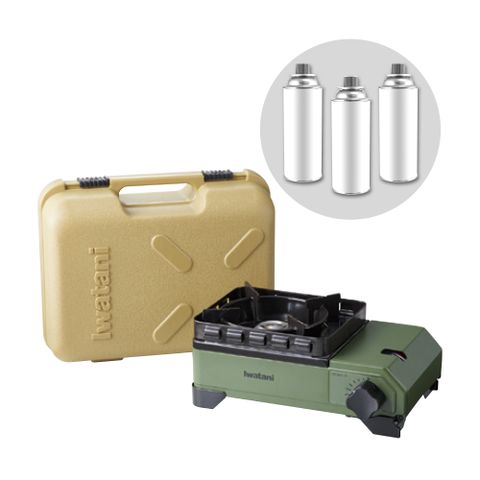 日本岩谷Iwatani戶外防風Jr.小軍綠迷你磁式瓦斯爐2.3kW附外盒搭贈3入大容量瓦斯罐