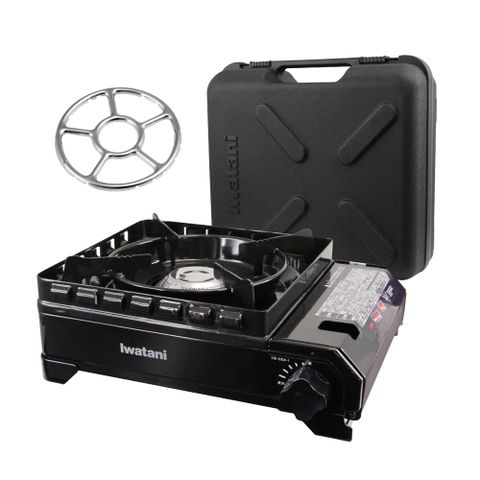 【日本岩谷Iwatani】岩谷戶外防風新黑武士磁式瓦斯爐-3.3kw-附外盒-日本製搭贈不鏽鋼小鍋用爐架1入