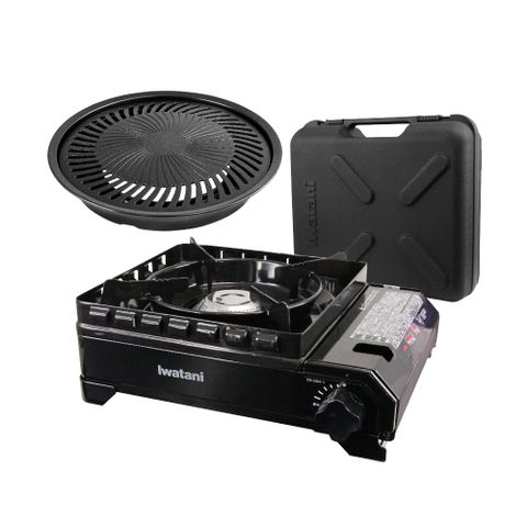 IWATANI 日本岩谷 戶外防風新黑武士磁式瓦斯爐3.3kW-附收納盒-日本製-搭贈燒肉不沾烤肉盤 (CB-ODX-1-BK+CB-A-YPS)