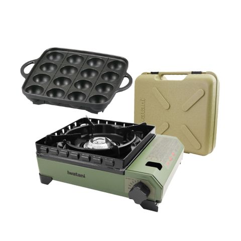 【日本岩谷Iwatani】岩谷戶外防風究極綠武士磁式瓦斯爐-3.3kw-附外盒-日本製-搭贈岩谷章魚燒烤盤