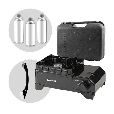 【Iwatani岩谷】戶外防風Jr.迷你黑武士磁式瓦斯爐2.3kW-附收納盒-搭贈清潔刷&瓦斯罐3入
