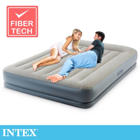 INTEX 舒適雙層內建幫浦雙人加大充氣床(fiber tech)-有頭枕-寬152cm(64117ED)