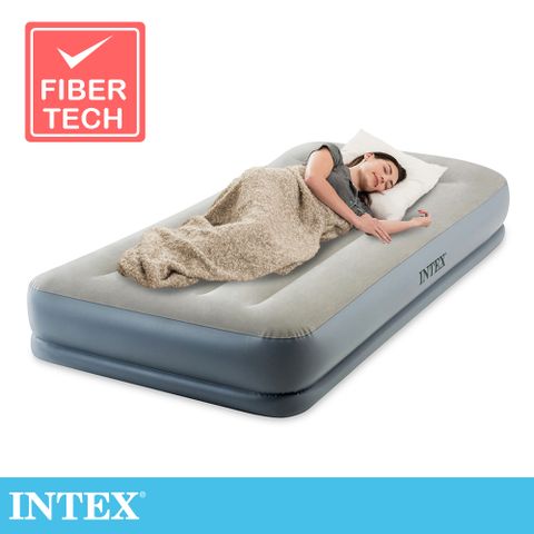 【INTEX】舒適雙層內建幫浦(fiber tech)單人加大充氣床-有頭枕-寬99cm (64115ED)