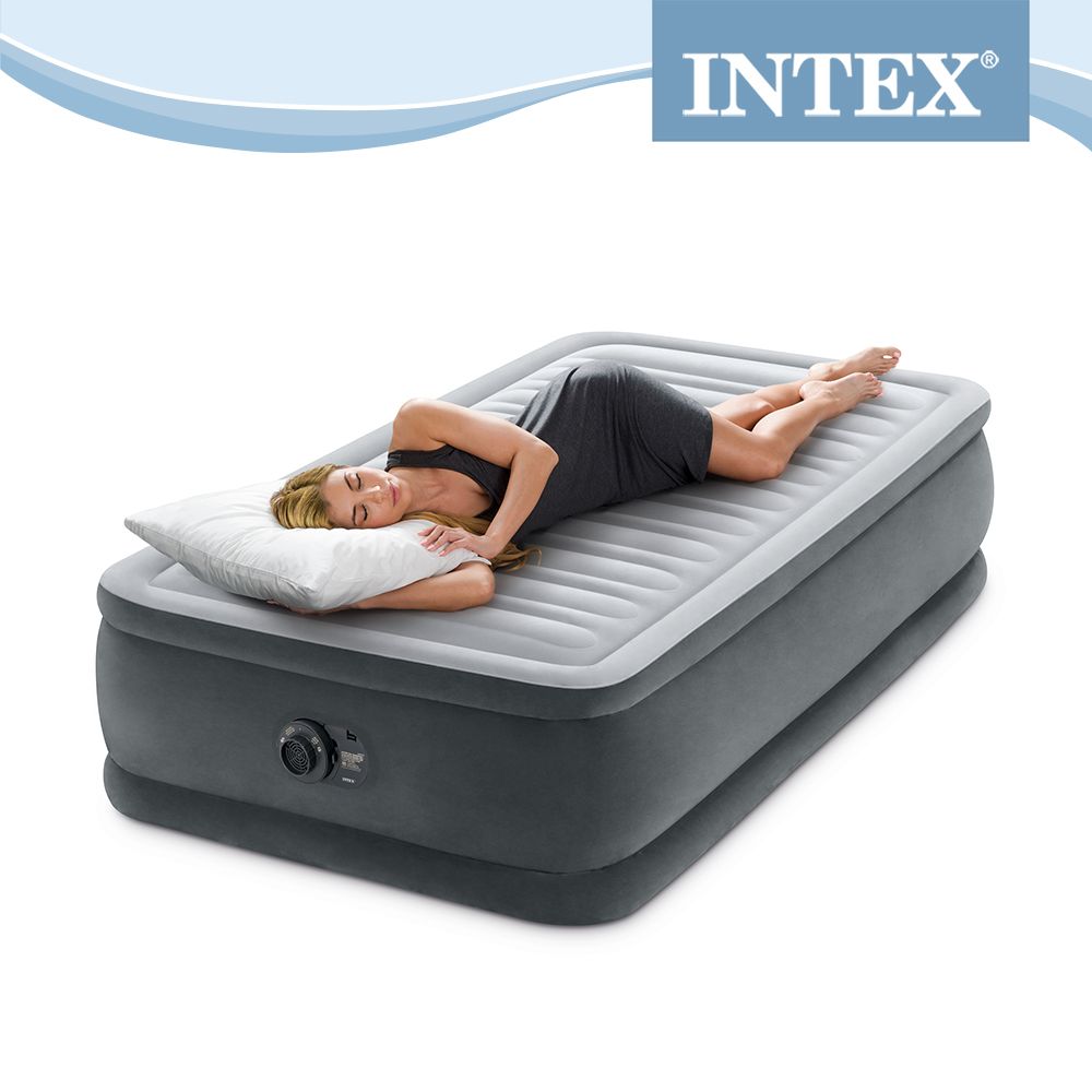 INTEX  豪華型橫條加高內建電動幫浦單人加大充氣床墊-寬99cm(64411)