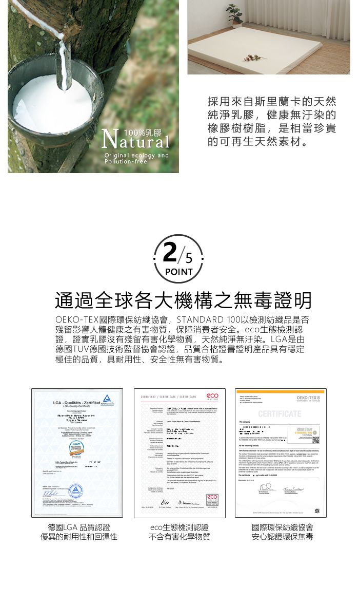 NaturalOriginal eclogy andPollutionfree採用來自斯里蘭卡的天然純淨乳膠健康無汙染的橡膠樹樹脂,是相當珍貴的可再生天然素材。25POINT通過全球各大機構之無毒證明OEKO國際環保紡織協會,STANDARD 100以檢測紡織品是否殘留影響人體健康之有害物質,保障消費者安全。eco生態檢測認證,證實乳膠沒有殘留有害化學物質,天然純淨無汙染。是由德國TUV德國技術監督協會認證,品質合格證書證明產品具有穩定極佳的品質,具耐用性、安全性無有害物質,A/CERTIFICATOecoLGA -Zertifikat oLGA  ecoCERTIFICATEOEKO-TEX®-TEX德國LGA 品質認證優異的耐用性和回彈性eco生態檢測認證不含有害化學物質國際環保紡織協會安心認證環保無毒