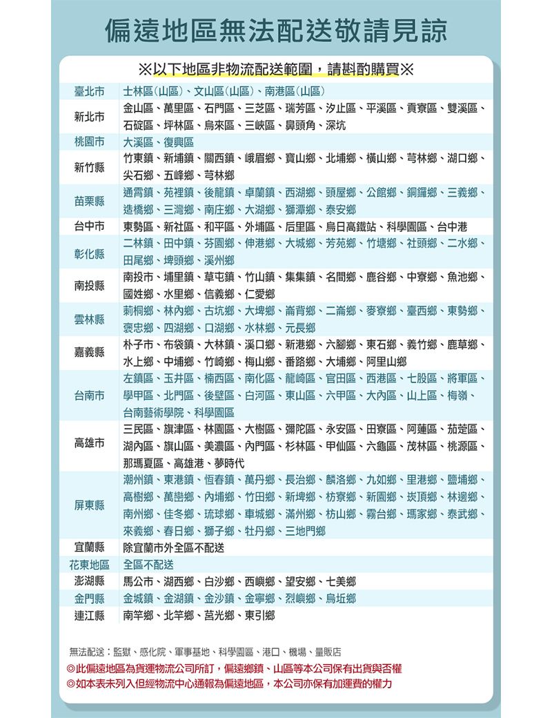 偏遠地區無法配送敬請見諒以下地區非物流配送範圍,請斟酌購買※金山區萬里區石門區三芝區瑞芳區汐止區平溪區貢寮區雙溪區、石碇區、坪林區、烏來區、三峽區、鼻頭角、深坑竹東鎮、新埔鎮、關西鎮、峨眉鄉、寶山鄉、北埔鄉、鄉、芎林鄉、湖口鄉、尖石鄉、五峰鄉、芎林鄉通霄鎮、苑裡鎮、後龍鎮、卓蘭鎮、西湖鄉、頭屋鄉、公館鄉、銅鑼鄉、三義鄉、臺北士林區(山區、文山區(山區)、南港區(山區)新北市桃園市大溪區、復興區新竹縣苗栗縣台中市彰化縣南投縣雲林縣造橋鄉、三灣鄉、南庄鄉、大湖鄉、獅潭鄉、泰安鄉東勢區、新社區、和平區、外埔區、后里區、烏日高鐵站、科學園區、台中港二林鎮、田中鎮、芬園鄉、伸港鄉、大城鄉、芳苑鄉、竹塘鄉、社頭鄉、二水鄉、田尾鄉、埤頭鄉、溪州鄉南投市、埔里鎮、草屯鎮、竹山鎮、集集鎮、名間鄉、鹿谷鄉、中寮鄉、魚池鄉、國姓鄉、水里鄉、信義鄉、仁愛鄉莿桐鄉、林鄉、古坑鄉、大埤鄉、崙背鄉、二崙鄉、麥寮鄉、臺西鄉、東勢鄉、褒忠鄉、四湖鄉、口湖鄉、水林鄉、元長鄉朴子市、布袋鎮、大林鎮、溪口鄉、新港鄉、六腳鄉、東石鄉、義竹鄉、鹿草鄉、嘉義縣水上鄉、中埔鄉、竹崎鄉、梅山鄉、番路鄉、大埔鄉、阿里山鄉台南市高雄市屏東縣左鎮區、玉井區、楠西區、南化區、龍崎區、官田區、西港區、七股區、將軍區、學甲區、北門區、後壁區、白河區、東山區、六甲區、大內區、山上區、梅嶺、台南藝術學院、科學園區三民區、旗津區、林園區、大樹區、彌陀區、永安區、田寮區、阿蓮區、茄萣區、湖內區、旗山區、美濃區、內門區、杉林區、甲仙區、六龜區、茂林區、桃源區、那瑪夏區、高雄港、夢時代潮州鎮、東港鎮、恆春鎮、萬丹鄉、長治鄉、麟洛鄉、九如鄉、里港鄉、鹽埔鄉、高樹鄉、萬巒鄉、內埔鄉、竹田鄉、新埤鄉、枋寮鄉、新園鄉、頂鄉、林邊鄉、南州鄉、佳冬鄉、琉球鄉、車城鄉、滿州鄉、枋山鄉、霧台鄉、瑪家鄉、泰武鄉、來義鄉、春日鄉、獅子鄉、牡丹鄉、三地門鄉宜蘭縣花東地區除宜蘭市外全區不配送全區不配送澎湖縣馬公市、湖西鄉、白沙鄉、西嶼鄉、望安鄉、七美鄉金門縣金城鎮、金湖鎮、金沙鎮、金寧鄉、烈嶼鄉、烏坵鄉連江縣南竿鄉、北竿鄉、莒光鄉、東引鄉無法配送監獄、感化院、軍事基地、科學園區、港口、機場、量販店此偏遠地區為貨運物流公司所訂,偏遠鄉鎮、山區等本公司保有出貨與否權如本表未列入但經物流中心通報為偏遠地區,本公司亦保有加運費的權力
