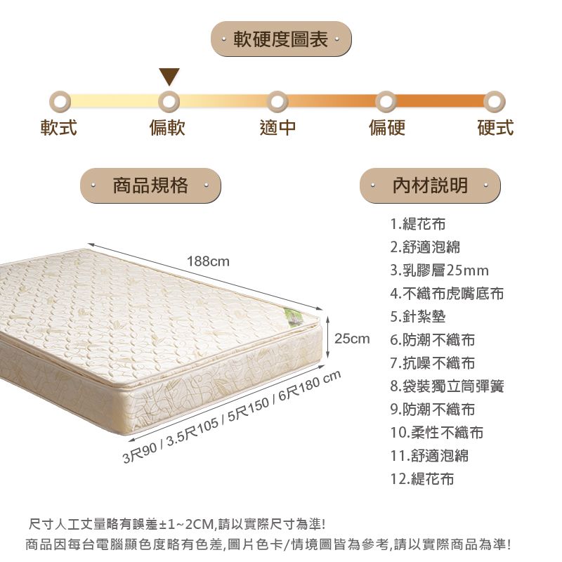 軟硬度圖表 軟式偏軟適中偏硬硬式商品規格188cm材說明1.花布2.舒適泡綿3.乳膠層25mm4.不織布虎嘴底布5.針紮墊25cm6.防潮 不織布3尺90/3.5尺105/5尺150/6尺180cm尺寸人工丈量略有誤差±1~2CM,請以實際尺寸為準!7.抗噪不織布8.袋裝獨立筒彈簧9.防潮不織布10.柔性不織布11.舒適泡綿12.緹花布商品因每台電腦顯色度略有色差,圖片色卡/情境圖皆為參考,請以實際商品為準!