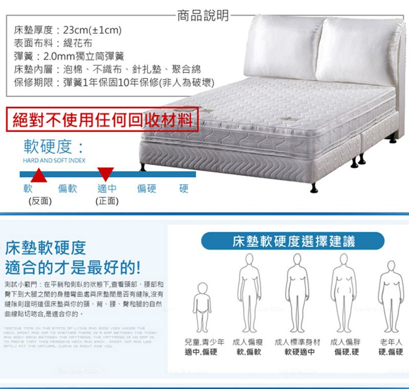 -商品說明厚度:23cm(±1cm)表面布料:花布彈簧:20mm獨立筒彈簧床墊:泡棉不織布、針扎墊、聚合保修期限:彈簧1年保固10年保修(非人為破壞)絕對不使用任何回收材料|軟硬度:HRD AND ST DEX軟軟適中偏硬硬(反面)(正面)床墊軟硬度適合的才是最好的!測試小竅門:在的狀態下、和下到大腿之間的處與床墊間是否有沒有縫隙則這個床墊與你的頸、背、腰、和腿的自然曲線貼切吻合是適合你的。  IN   OF              A         THE     TO          THE      床墊軟硬度選擇建議兒童.青少年成人標準身材成人偏瘦成人偏胖老年人適中,偏硬軟.偏軟軟硬適中偏硬硬硬偏硬