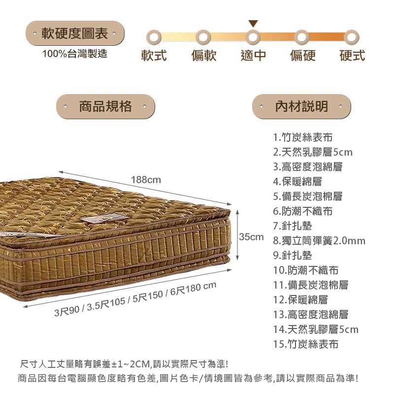 軟硬度圖表100%台灣製造軟式偏軟適中偏硬硬式商品規格188cm3尺90/3.5尺105/5尺150/6尺180 cm材1.竹炭絲表布2.天然乳膠5cm3.高密度泡綿層4.保暖綿層5.備長炭泡棉層6.防潮 不織布7.針扎墊 35cm 8.獨立筒彈簧2.0mm9.針扎墊10.防潮不織布11.備長炭泡棉層12. 保暖綿層13.高密度泡綿層14.天然乳膠層5cm15.竹炭絲表布尺寸人工丈量略有誤差±1~2CM,請以實際尺寸為準!商品因每台電腦顯色度略有色差,圖片色卡/情境圖皆為參考,請以實際商品為準!