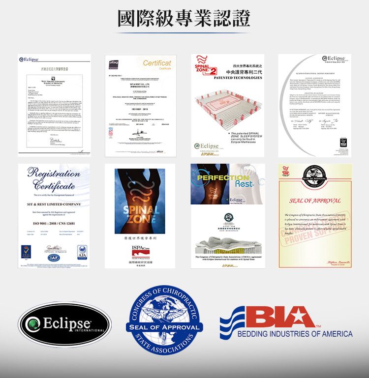 國際級專業認證CertificatRegistrationCertificateSIT &  LIMITED COMPANY 90012008 SPINAL222SPINALZONE中央背專利二代PATENTED TECHNOLOGIES ZONE    be EclipsePERFECTIONRest-EclipseSEAL  APPROVAL PROVENEclipseINTERNATIONALCONGRESS OFCHIROPRACTICSEAL OF APPROVALSOCIATIONSSTATE ASBIABEDDING INDUSTRIES OF AMERICA