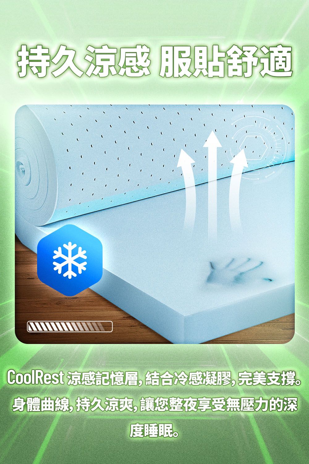 持久涼感服貼舒適CoolRest 涼感記憶層,結合冷感凝膠,完美支撐。身體曲線,持久涼爽,讓您整夜享受無壓力的深度睡眠。