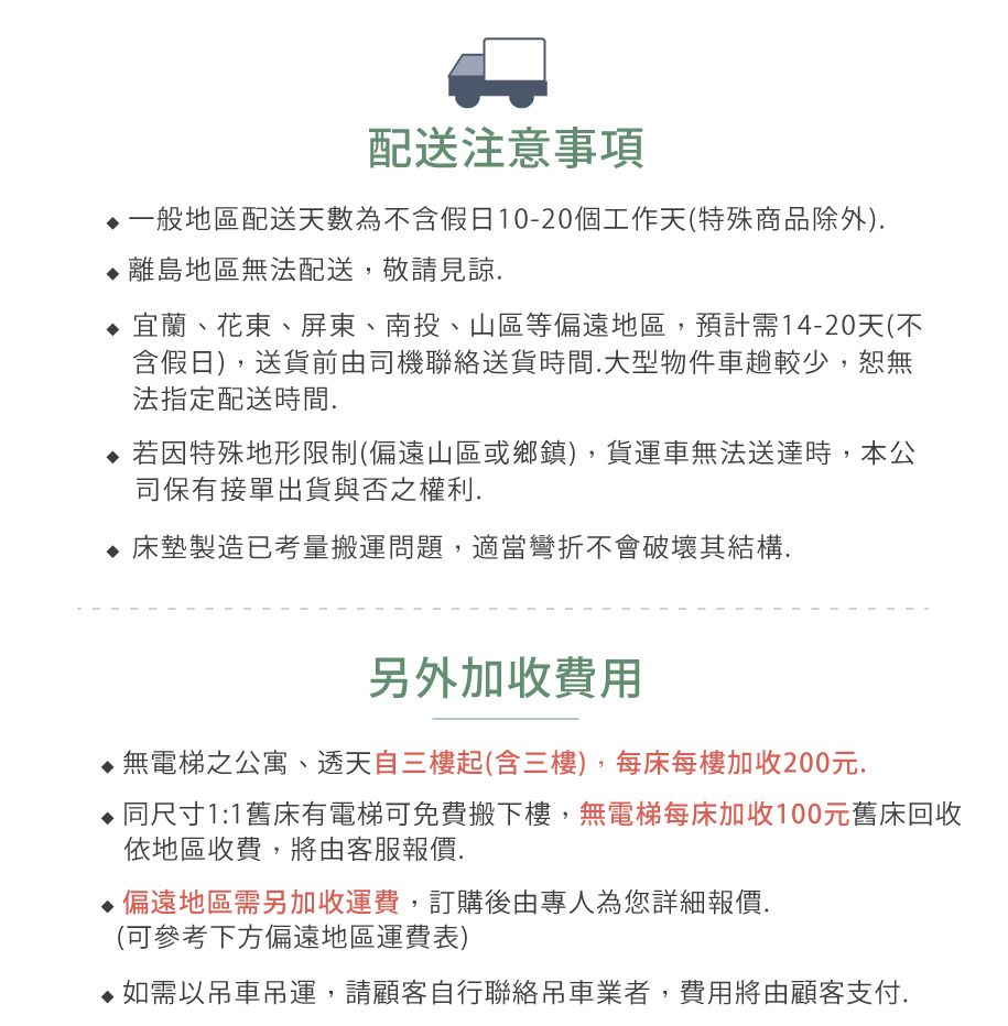 配送注意事項 一般地區配送天數為不含假日10-20個工作天(特殊商品除外)離島地區無法配送敬請見諒. 宜蘭、花東、屏東、南投、山區等偏遠地區,預計需14-20天(不含假日),送貨前由司機聯絡送貨時間.大型物件車較少,恕無法指定配送時間.若因特殊地形限制(偏遠山區或鄉鎮),貨運車無法送達時,本公司保有接單出貨與否之權利. 床墊製造已考量搬運問題,適當彎折不會破壞其結構.另外加收費用 無電梯公寓、透天自三樓起(含三樓),每床每樓加收200元, 同尺寸1:1舊床有電梯可免費搬下樓,無電梯每床加收100元舊床回收依地區收費,將由客服報價.偏遠地區需另加收運費,訂購後由專人為您詳細報價.(可參考下方偏遠地區運費表) 如需以吊運,請顧客自行聯絡吊車業者,費用將由顧客支付.