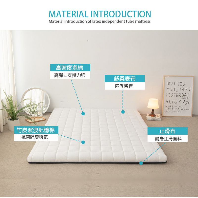 MATERIAL INTRODUCTIONMaterial introduction of latex independent tube mattress竹炭波浪記憶棉抗菌除臭透氣高密度泡棉高彈力支撐力強舒柔表布四季皆宜 YOUMORE THANYESTERDAYWINTERAUTUMN        止滑布耐磨止滑面料