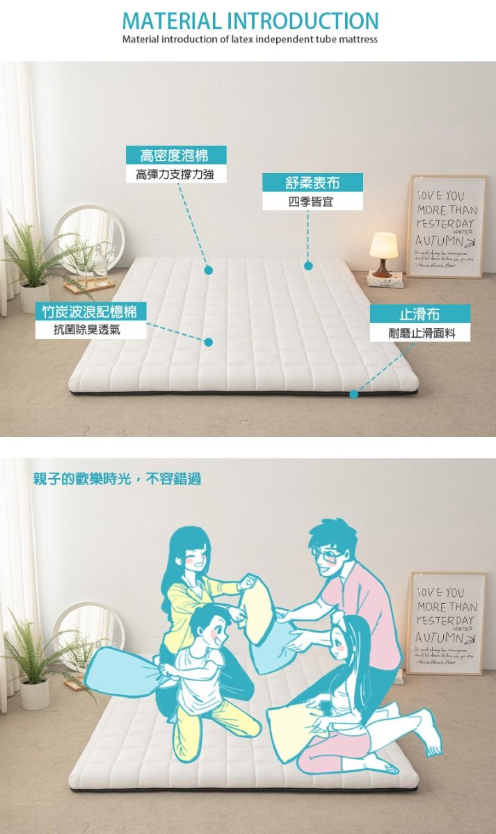 MATERIAL INTRODUCTIONMaterial introduction of latex independent tube mattress竹炭波浪記憶棉抗菌除臭透氣高密度泡棉高彈力支撐力強舒柔表布四季皆宜親子的歡樂時光,不容錯過 YOUMORE THANYESTERDAYAUTUMN止滑布耐磨止滑面料 YOUMORE THANYESTERDAYAUTUMN