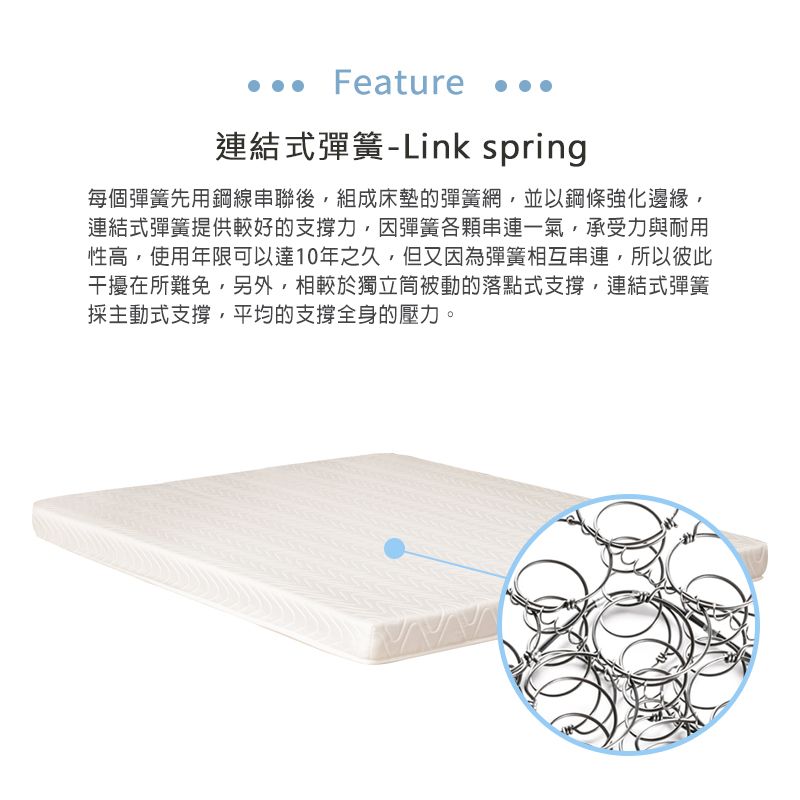 Feature連結式彈簧-Link spring每個彈簧先用鋼線串聯後組成床墊的彈簧網並以鋼條強化邊緣,連結式彈簧提供較好的支撐力,因彈簧各一氣,承受力與耐用性高,使用年限可以達10年之久,但又因為彈簧相互串連,所以彼此干擾在所難免,另外,相較於獨立筒被動的落點式支撐,連結式彈簧採主動式支撐,平均的支撐全身的壓力。