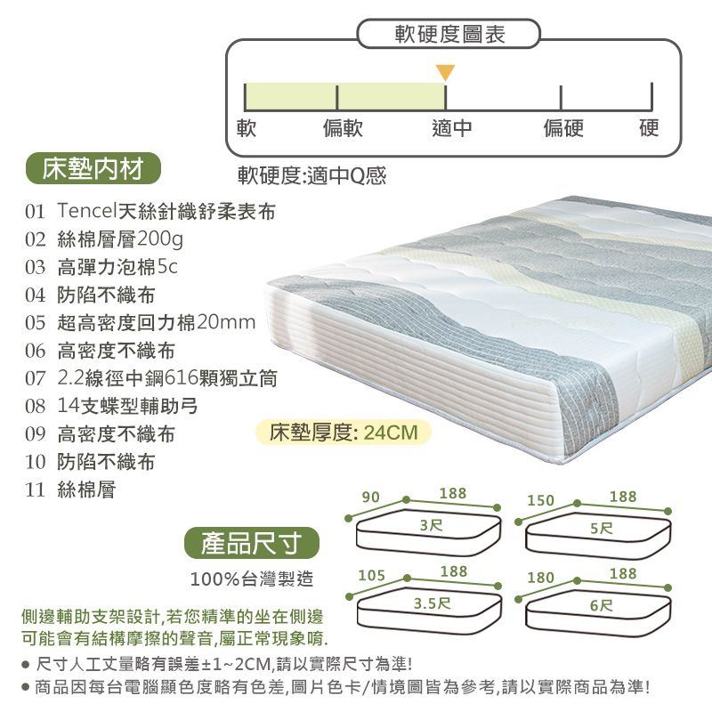 軟硬度圖表軟偏軟適中偏硬硬床墊軟硬度:適中Q感01 Tencel天絲針織舒柔表布02 絲棉層層200g03 高彈力泡棉5c04 防陷不織布05 超高密度回力棉20mm06 高密度不織布07 22線徑中鋼616顆獨立筒08 14支蝶型輔助弓 高密度不織布10 防陷不織布11 絲棉層床墊厚度:24CM188901503尺5尺188產品尺寸100%台灣製造1051881801883.5尺6尺側邊輔助支架設計,若您精準的坐在側邊可能會有結構摩擦的聲音,屬正常現象唷.尺寸人工丈量略有誤差±1~2CM,請以實際尺寸為準!商品因每台電腦顯色度略有色差,圖片色卡/情境圖皆為參考,請以實際商品為準!