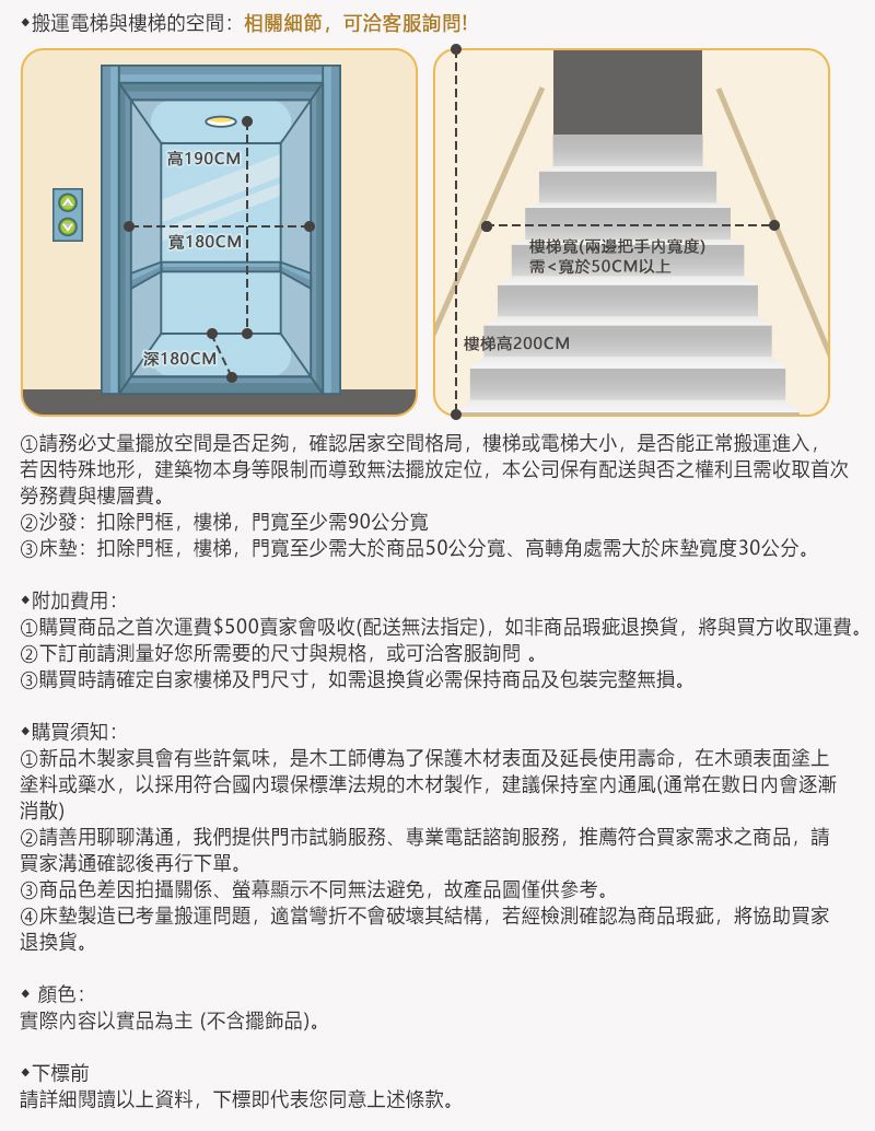 搬運電梯與樓梯的空間:相關細節,客服詢問!高190CM深180CM樓梯(兩邊把手)需<於50CM以上樓梯高200CM請務必丈量擺放空間是否足夠,確認居家空間格局,樓梯或電梯大小,是否能正常搬運進入,若因特殊地形,建築物本身等限制而導致無法擺放定位,本公司保有配送與否之權利且需收取首次勞務費與樓層費。沙發:扣除門框,樓梯,門寬至少需90公分寬③床墊:扣除門框,樓梯,門寬至少需大於商品50公分寬高轉角處需大於床墊寬度30公分。附加費用:②購買商品之首次運費$500賣家會吸收(配送無法指定),如非商品瑕疵退換貨,將與買方收取運費。②下訂前請測量好您所需要的尺寸與規格,或可洽客服詢問。③購買時請確定自家樓梯及門尺寸,如需退換貨必需保持商品及包裝完整無損。購買須知:新品木製家具會有些許氣味,是木工師傅為了保護木材表面及延長使用壽命,在木頭表面塗上塗料或藥水,以採用符合環保標準法規的木材製作,建議保持通風(通常在數會逐漸消散)②請善用聊聊溝通,我們提供門市試躺服務、專業電話諮詢服務,推薦符合買家需求之商品,請買家溝通確認後再行下單。③商品色差因拍攝關係、螢幕顯示不同無法避免,故產品圖僅供參考。④床墊製造已考量搬運問題,適當彎折不會破壞其結構,若經檢測確認為商品瑕疵,將協助買家退換貨。顏色:實際內容以實品為主(不含擺飾品)。下標前請詳細閱讀以上資料,下標即代表您同意上述條款。