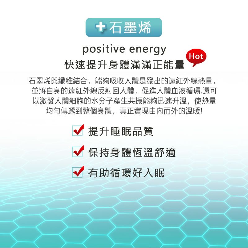 石墨烯positive energyHot快速提升身體滿滿正能量石墨烯與纖維結合,能夠吸收人體是發出的遠紅外線熱量,並將自身的遠紅外線反射回人體,促進人體血液循環.還可以激發人體細胞的水分子產生共振能夠迅速升溫,使熱量均勻傳遞到整個身體,真正實現由内而外的溫暖!提升睡眠品質保持身體恆溫舒適有助循環好入眠