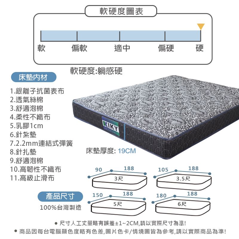 軟硬度圖表軟偏軟適中偏硬硬軟硬度:躺感硬床墊材1.銀離子抗菌表布2.透氣絲棉3.舒適泡棉4.柔性不織布KIKY5.乳膠1cm6.針紮墊7.2.2mm連結式彈簧8.針扎墊床墊厚度:19CM9.舒適泡棉10.高韌性不織布9018810518811.高級止滑布3尺3.5尺產品尺寸1501881881805尺6尺100%台灣製造尺寸人工丈量略有誤差±1~2CM,請以實際尺寸為準!商品因每台電腦顯色度略有色差,圖片色卡/情境圖皆為參考,請以實際商品為準!